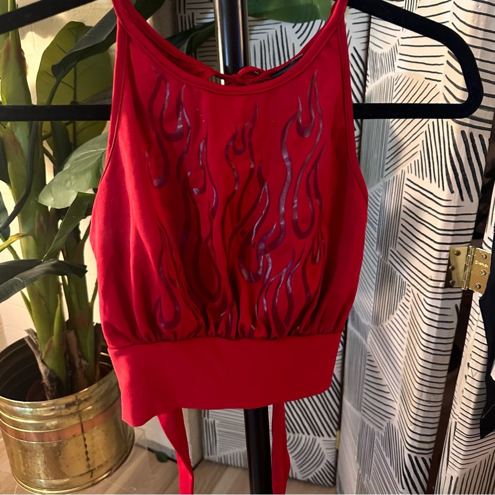 HIATUS brand red y2k flame halter crop top